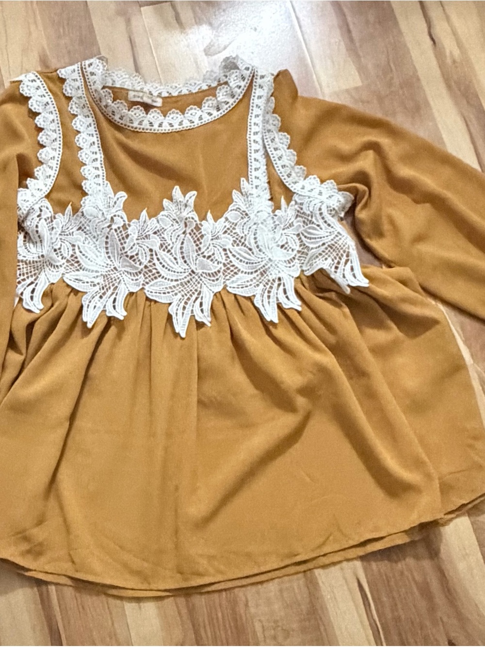 Stevie Hender Mustard Dress with Cream Lace Appliqué